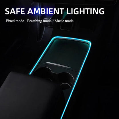 Car USB LED atmosphere lamp showing colour-changing lights installed on centre console and instrument panel