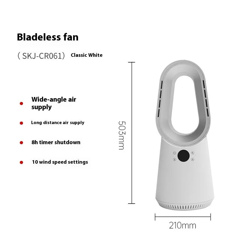 White bladeless tower floor fan with remote control and touch buttons on a desk.