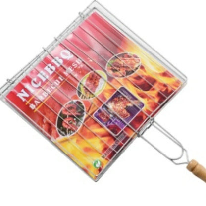 Stainless steel folding barbecue net showing extended cooking surface and compact folded position