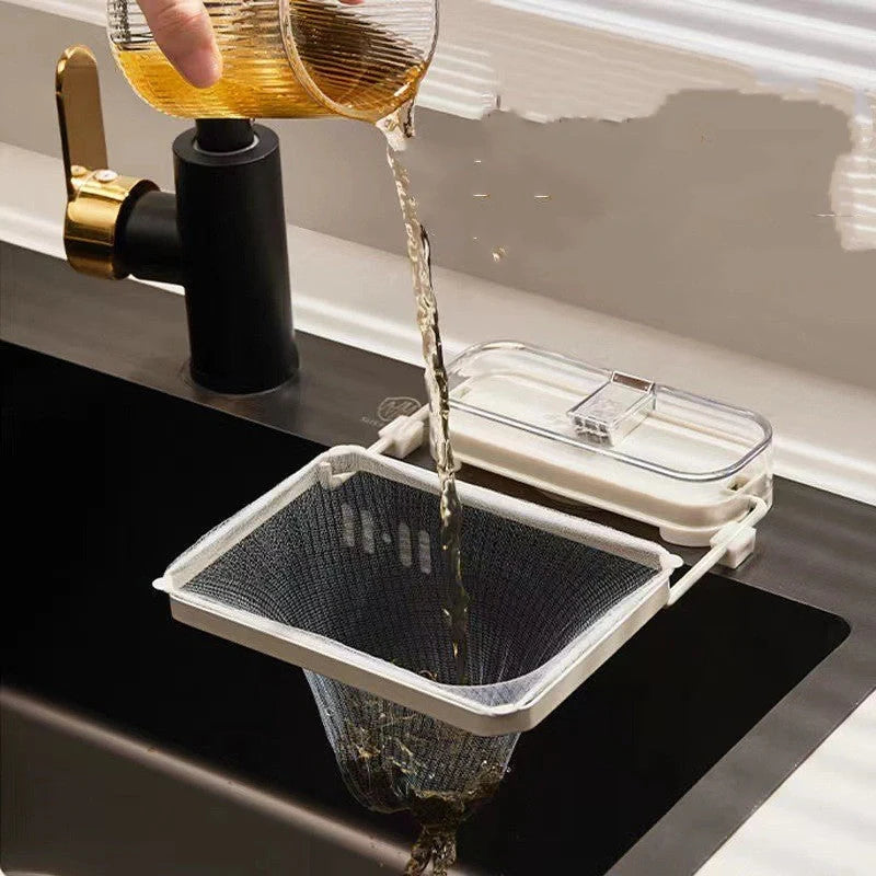 Kitchen Sink Filter Rack with removable suction cups and fine mesh for efficient cleaning