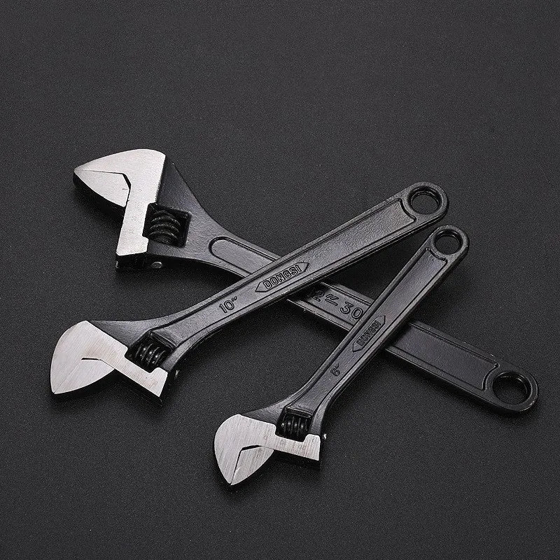 Black-finished high carbon steel adjustable wrench showing adjustable jaw mechanism.