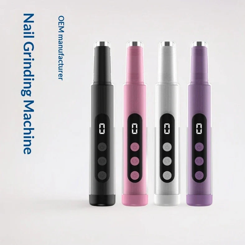 Blush pink electric nail grinder with LED light and six attachment heads on white background