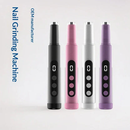 Blush pink electric nail grinder with LED light and six attachment heads on white background