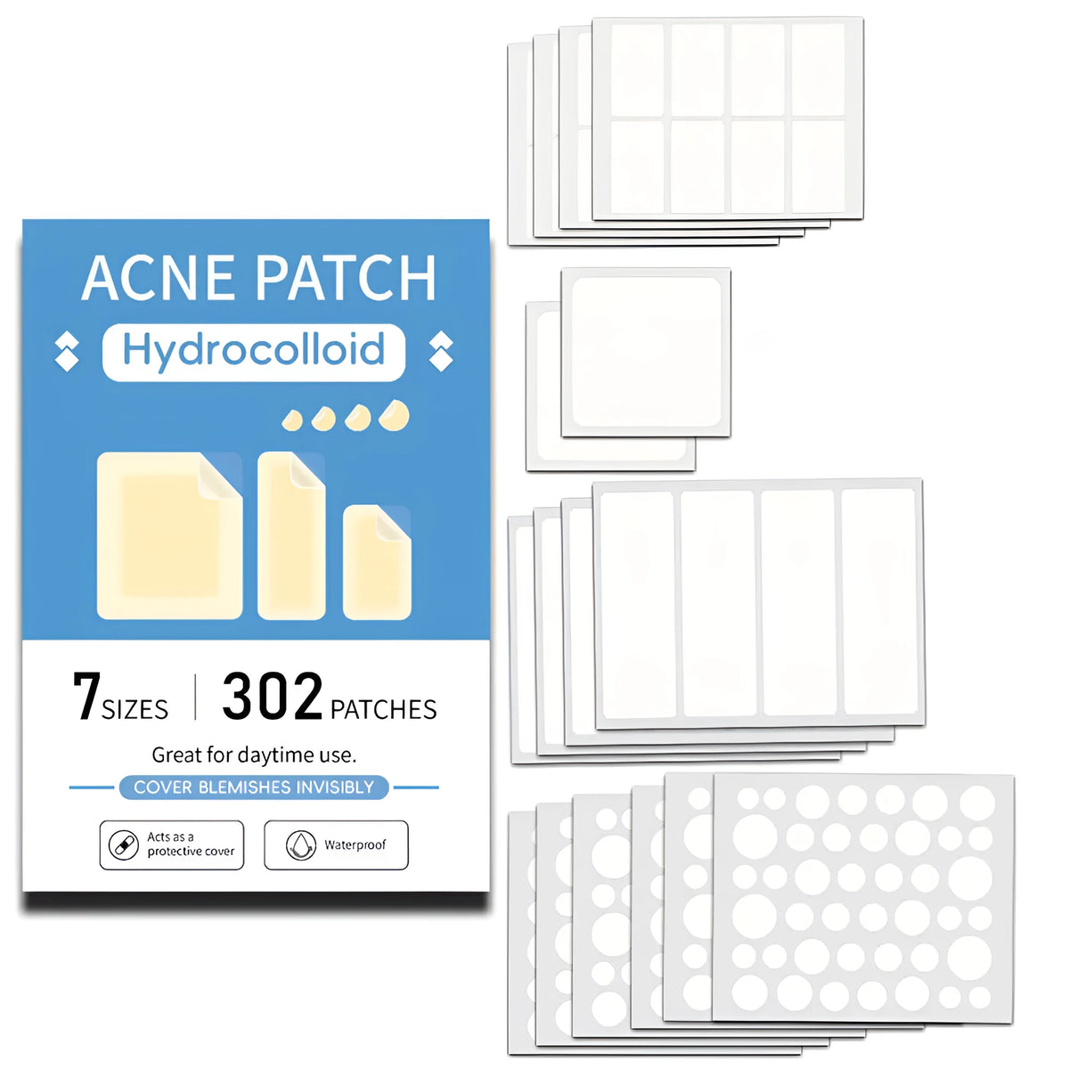 Box containing 302 transparent plastic acne cover patches for spot treatment.