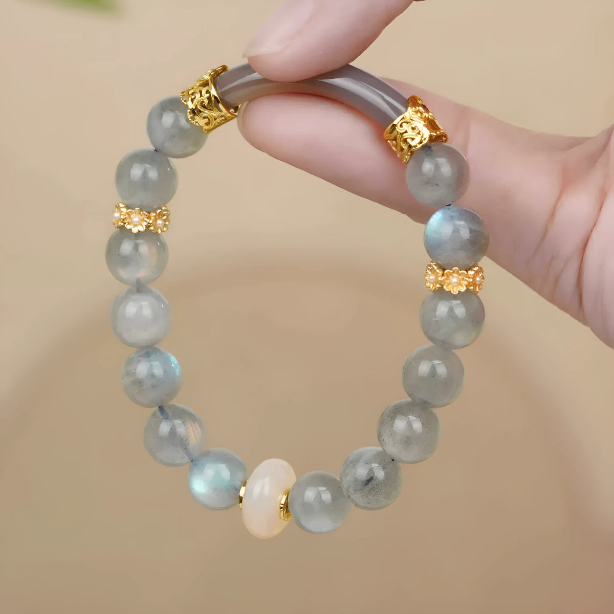 Women's grey moonstone half bracelet with 8mm round beads in simple handmade design