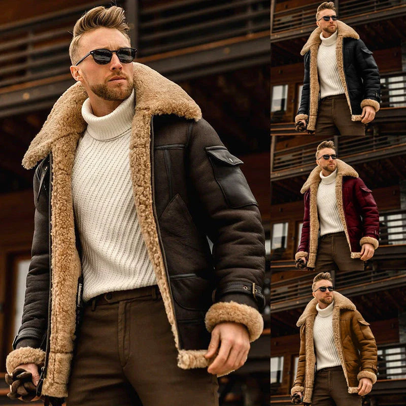 Military-inspired fleece jacket for men, featuring a plush fur collar, multiple pockets, and a range of classic color options.