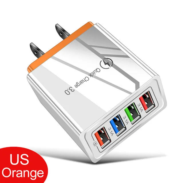 Four-port USB mobile phone charging head with luminous indicator in multiple colour options