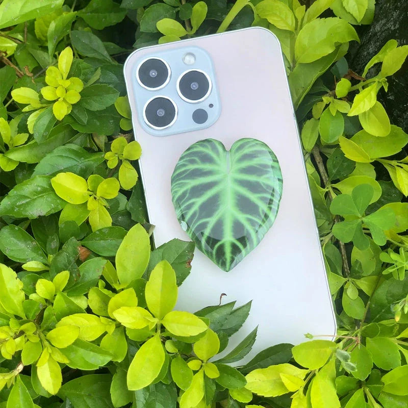 Stylish smartphone stand with leaf-inspired design for secure hands-free support and mobile device versatility