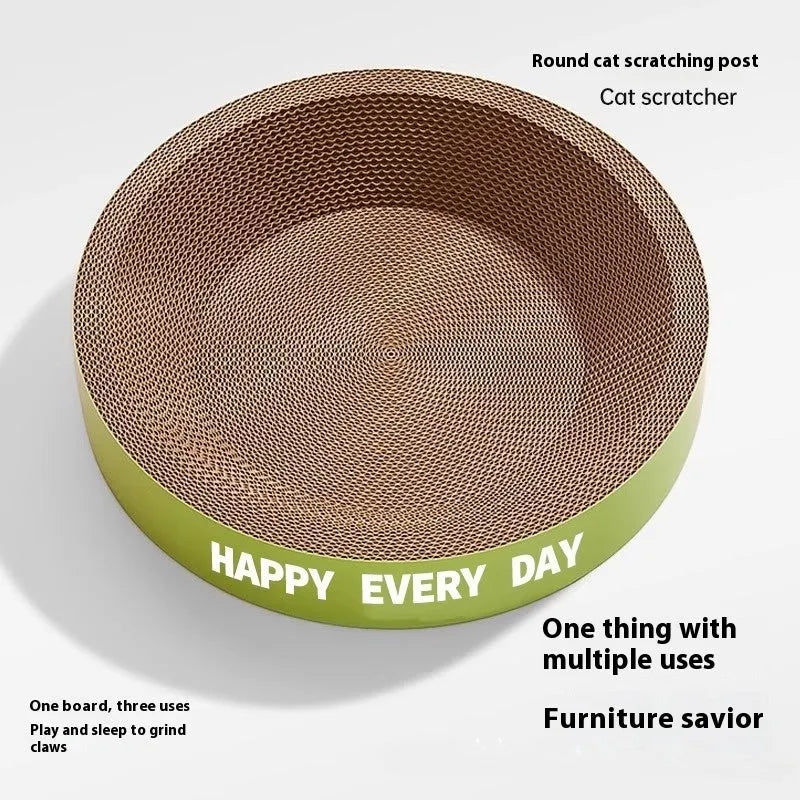 Round scratching board cat nest bed with double-layer base and sisal rope scratching surface in green colour for indoor small to medium-sized cats