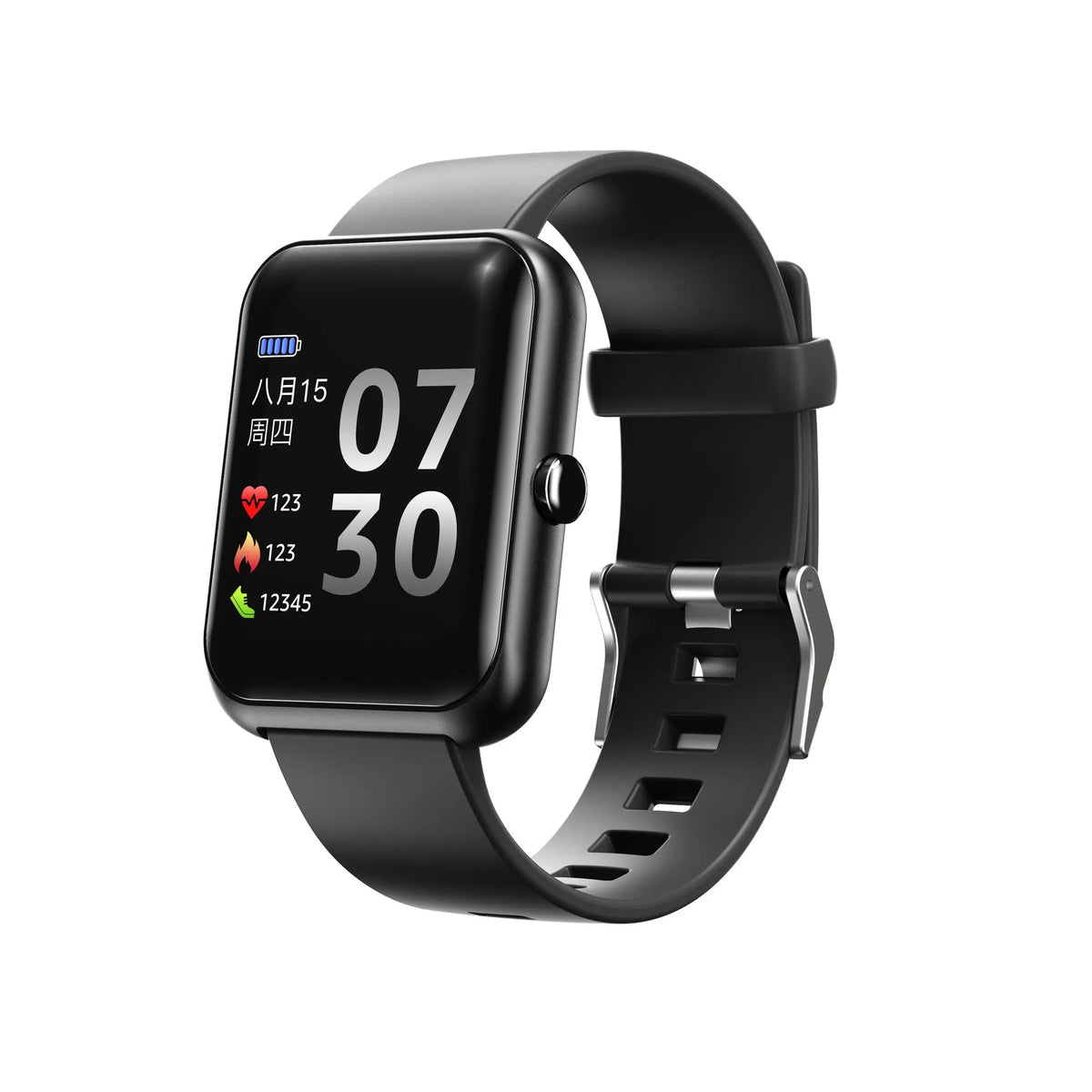 Square dial Bluetooth smart watch with silicone strap on a wrist, showing black, blue, gold, pink, and silver colour options.