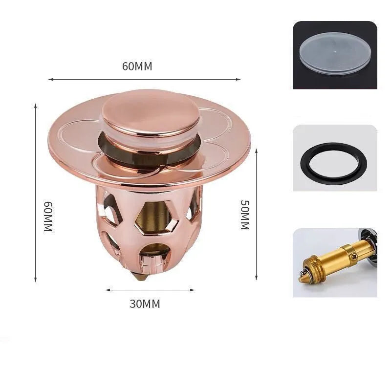 Copper core bouncing washbasin drain plug with universal 1.1-1.5 inch head in metallic finish