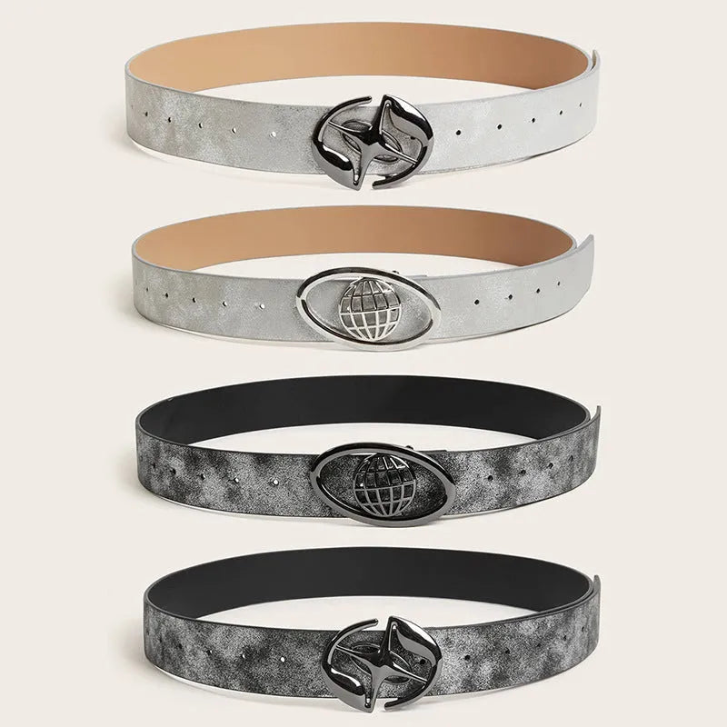 Retro thick women's belt with oval alloy buckle in earth style grey white colour