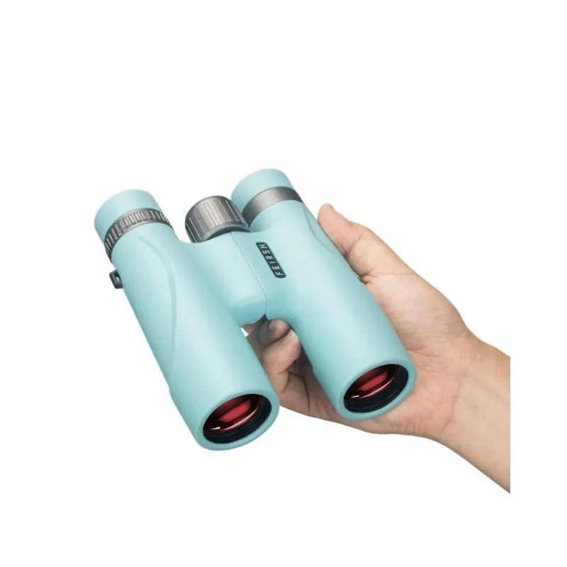 Wine red film coated 10x32 binoculars with grey body shown from the front, displaying objective lenses.