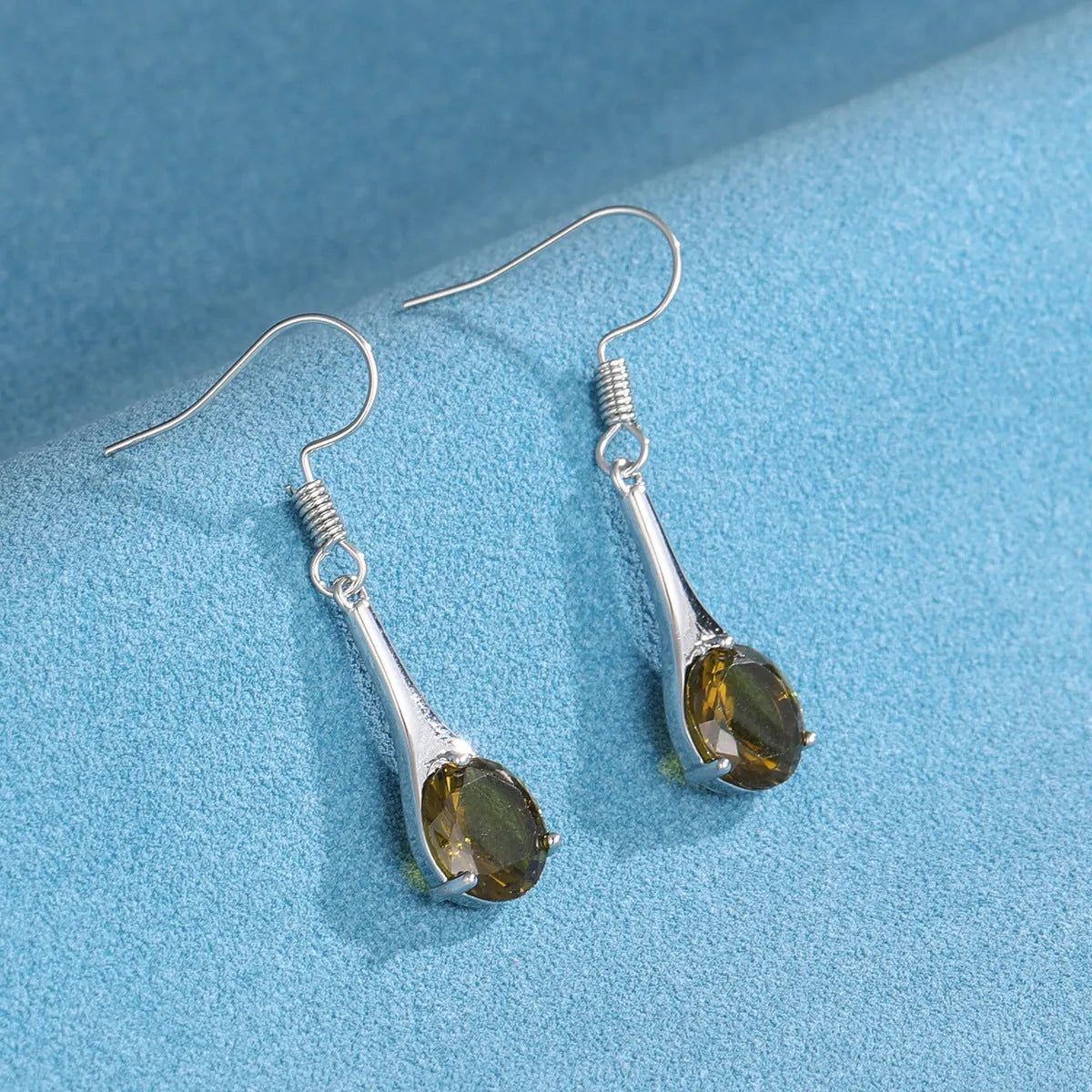 Olive green topaz earrings with water drop shape, electroplated alloy construction, and retro style for women