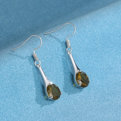 Olive green topaz earrings with water drop shape, electroplated alloy construction, and retro style for women