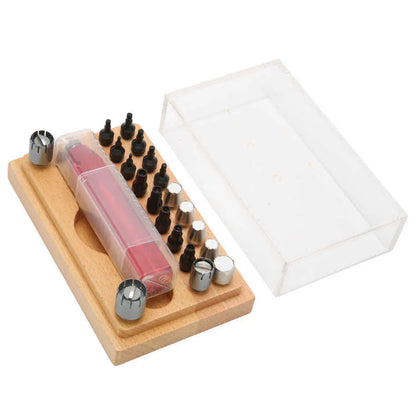 20-piece steel watch case opening tool set laid out on a surface