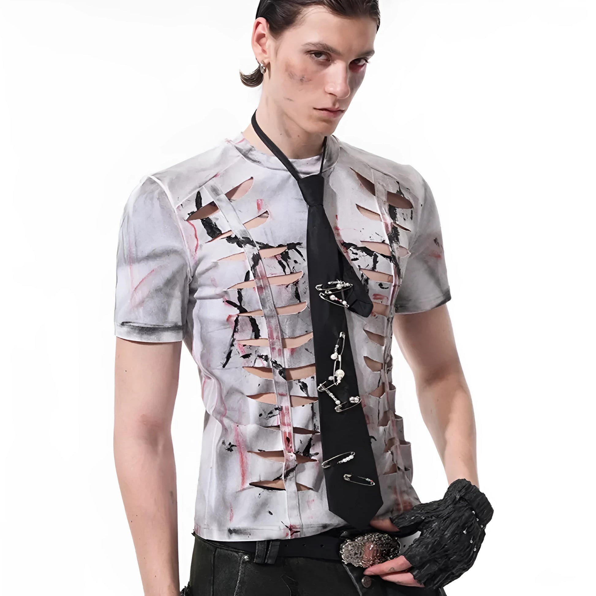 Men's white cotton T-shirt with hollow-out design pattern on fabric