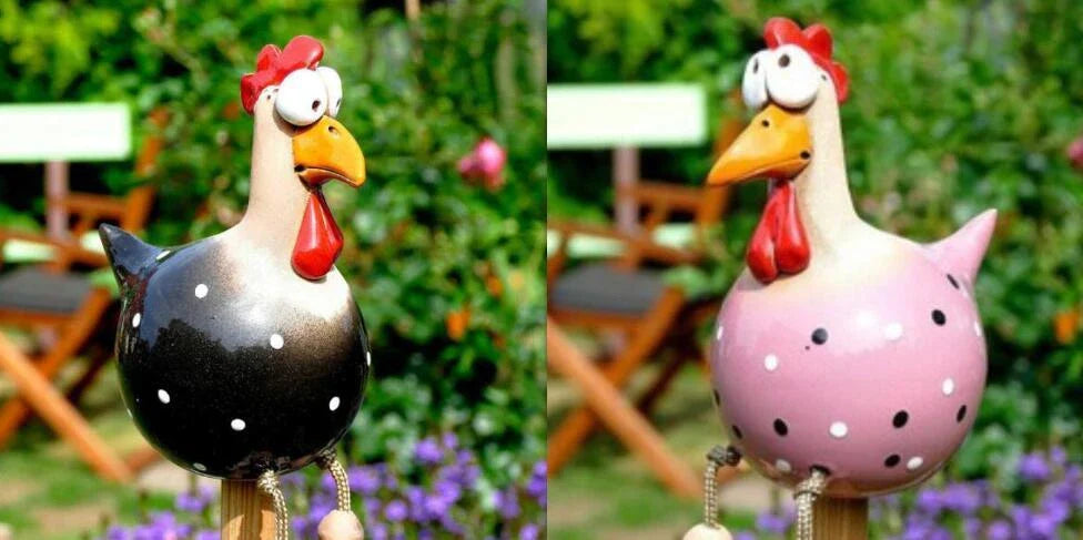 Charming hen and rooster ornaments made of durable resin with vibrant colours and intricate details for elegant garden decor