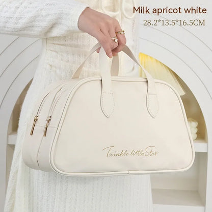 Leather travel toiletry bag with dry-wet separation compartments in caramel mocha colour