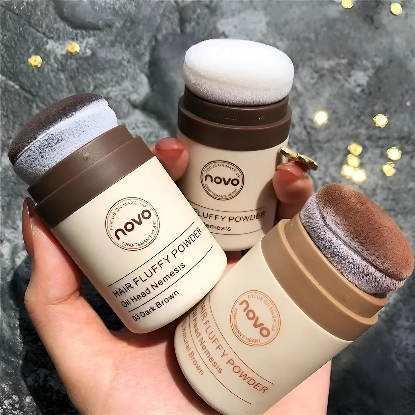 Veejaga Mattifying Powder compact for bangs, hairline, and face oil control in transparent and brown shades.