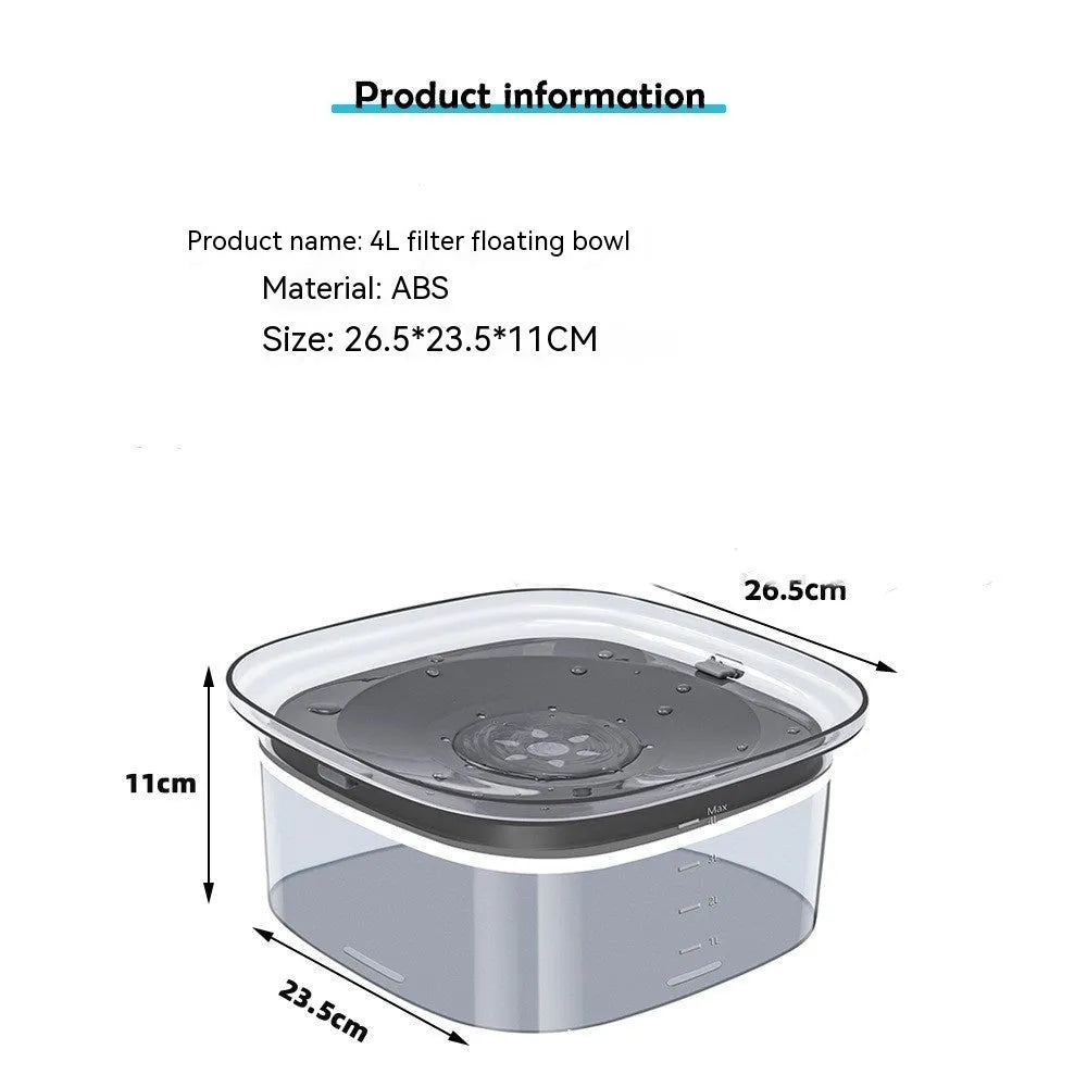 Transparent 70oz dog water bowl with floating disk, showing water level indicator and non-slip base