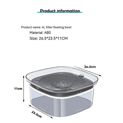 Transparent 70oz dog water bowl with floating disk, showing water level indicator and non-slip base