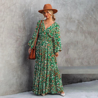 Elegant green printed halter dress with flared sleeves, made of high-quality polyester fabric