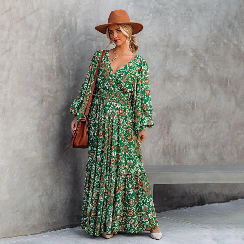 Elegant Printed Halter Dress with Flared Sleeves