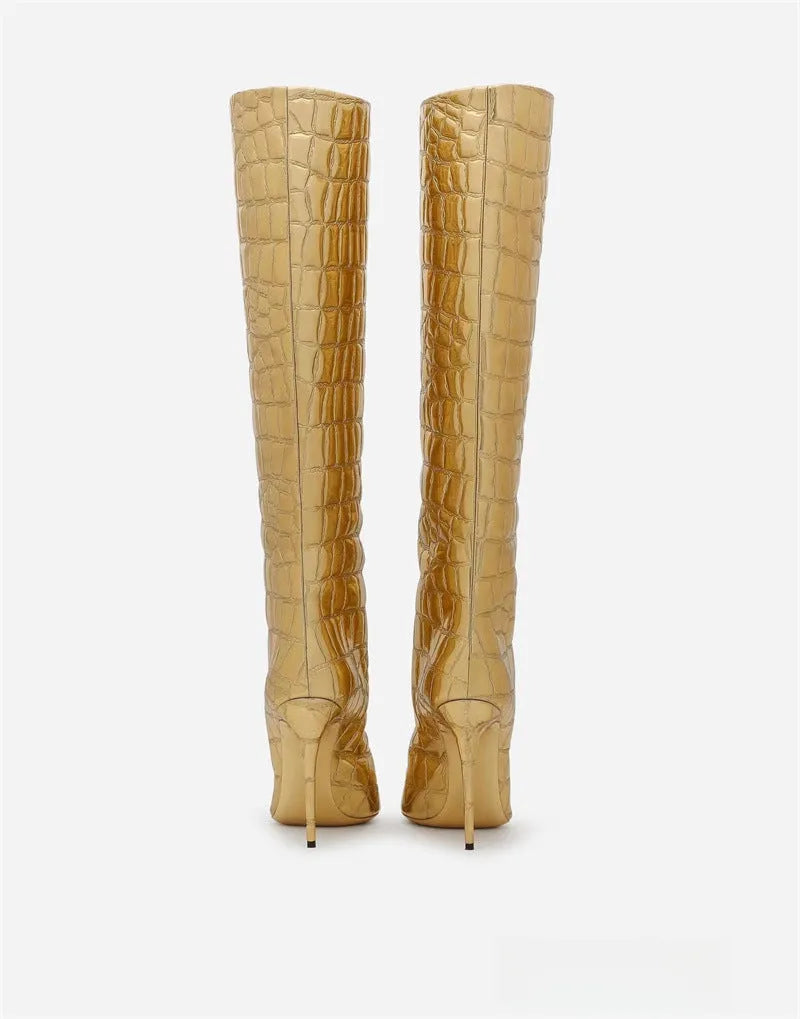 Women's pointed stiletto heel boots in leopard print with side zipper and high cylinder shaft.