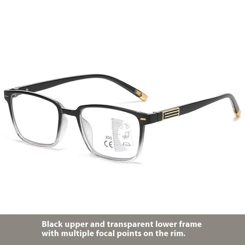 Multifocal reading glasses with photochromic lenses in various frame colour options