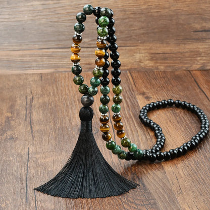 Handmade long necklace with geometric gemstone pendant and tassel on a ball bead chain