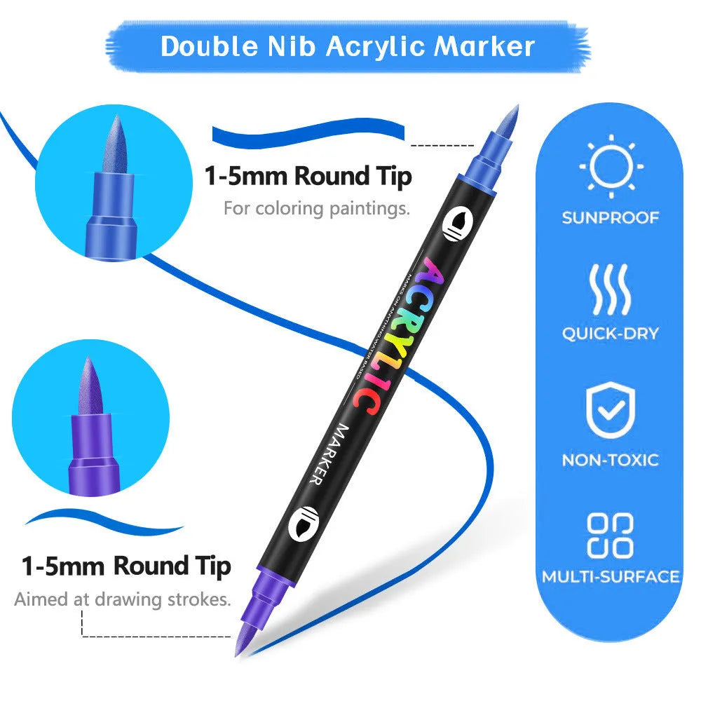 Set of double-ended acrylic marker pens showing fine tip and broad chisel tip on each pen.