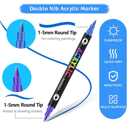 Set of double-ended acrylic marker pens showing fine tip and broad chisel tip on each pen.
