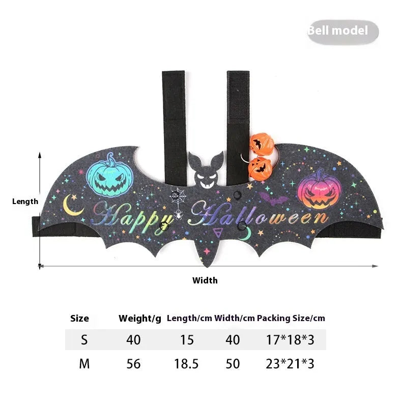 Halloween costume for a cat featuring batwing sleeves, made from felt, in orange pumpkin bat design.