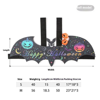 Halloween costume for a cat featuring batwing sleeves, made from felt, in orange pumpkin bat design.