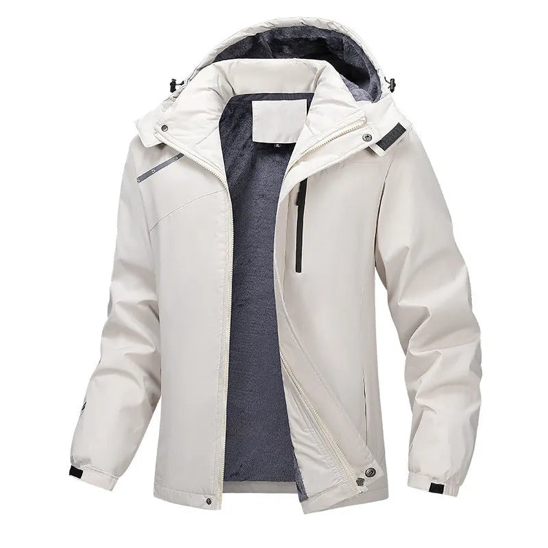 Plus size men's hooded waterproof coat in polyester, shown in army green colour.