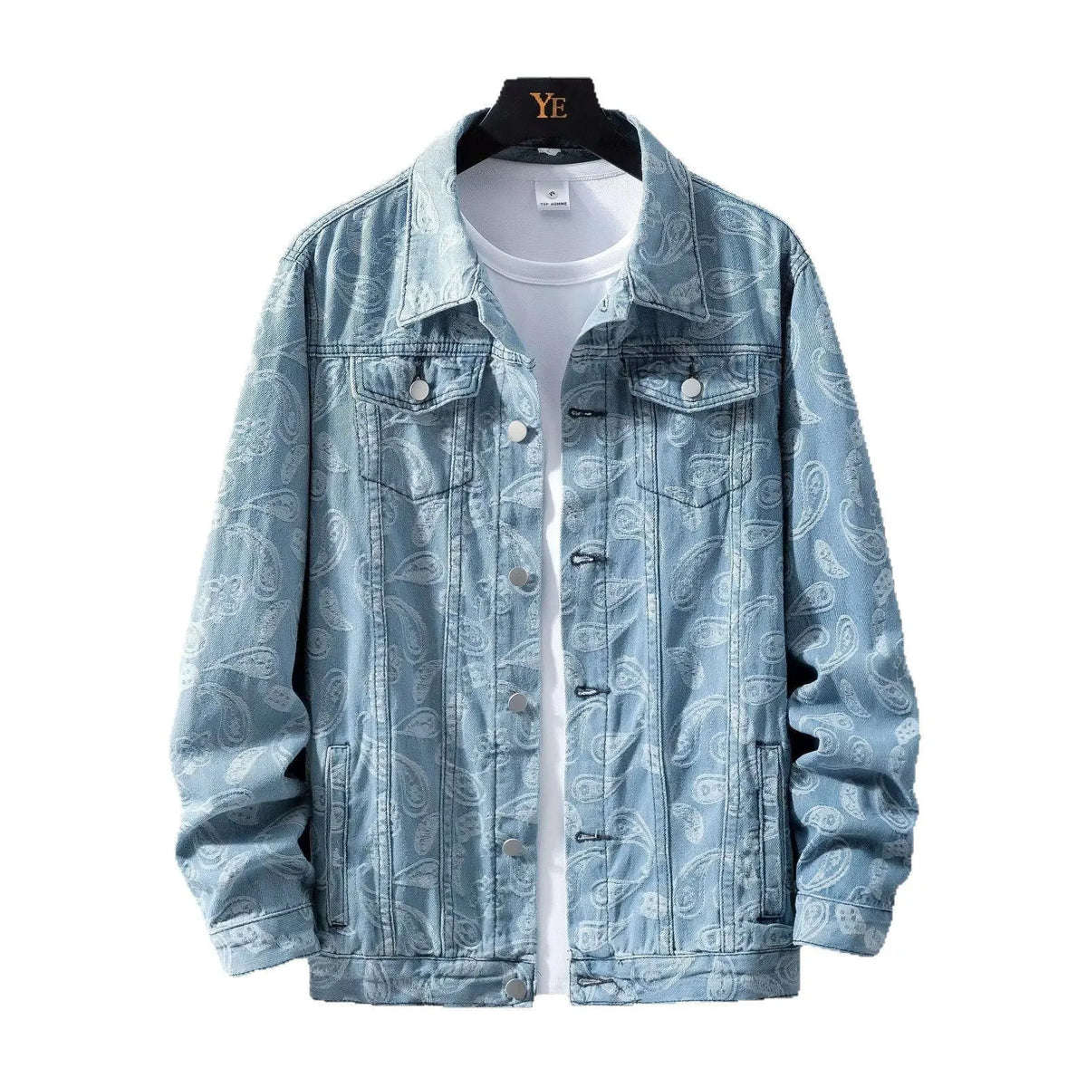 Men's slim fit printed jacquard denim coat in black with patch pockets and drawstring casing