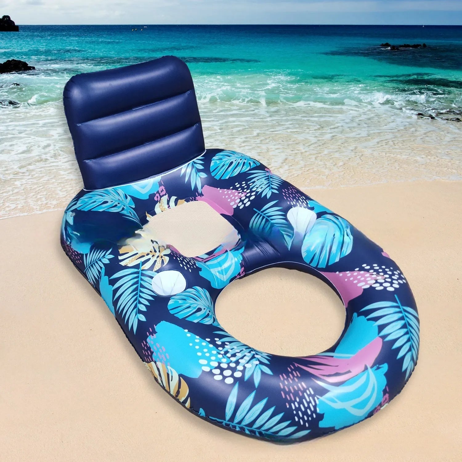White luminous inflatable floating bed with backrest recliner seat in swimming pool