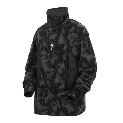 Men's black tie dye printed finger turtleneck sweater with drop-shoulder sleeves