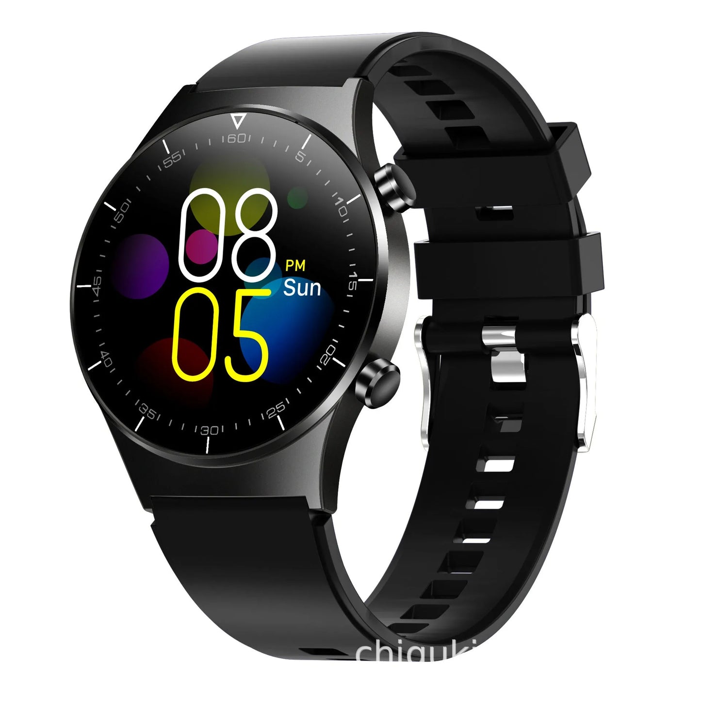 Black smart watch with touchscreen display showing health metrics including heart rate and blood pressure readings