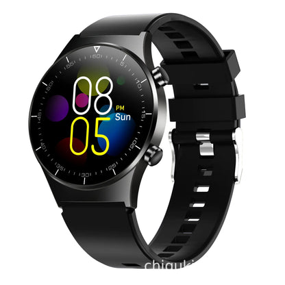 Black smart watch with touchscreen display showing health metrics including heart rate and blood pressure readings