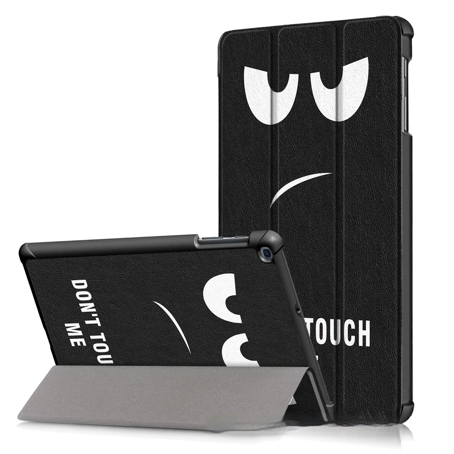 Plastic tri-fold flip cover case for a Samsung tablet showing decorative design options.