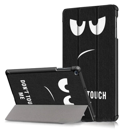Plastic tri-fold flip cover case for a Samsung tablet showing decorative design options.