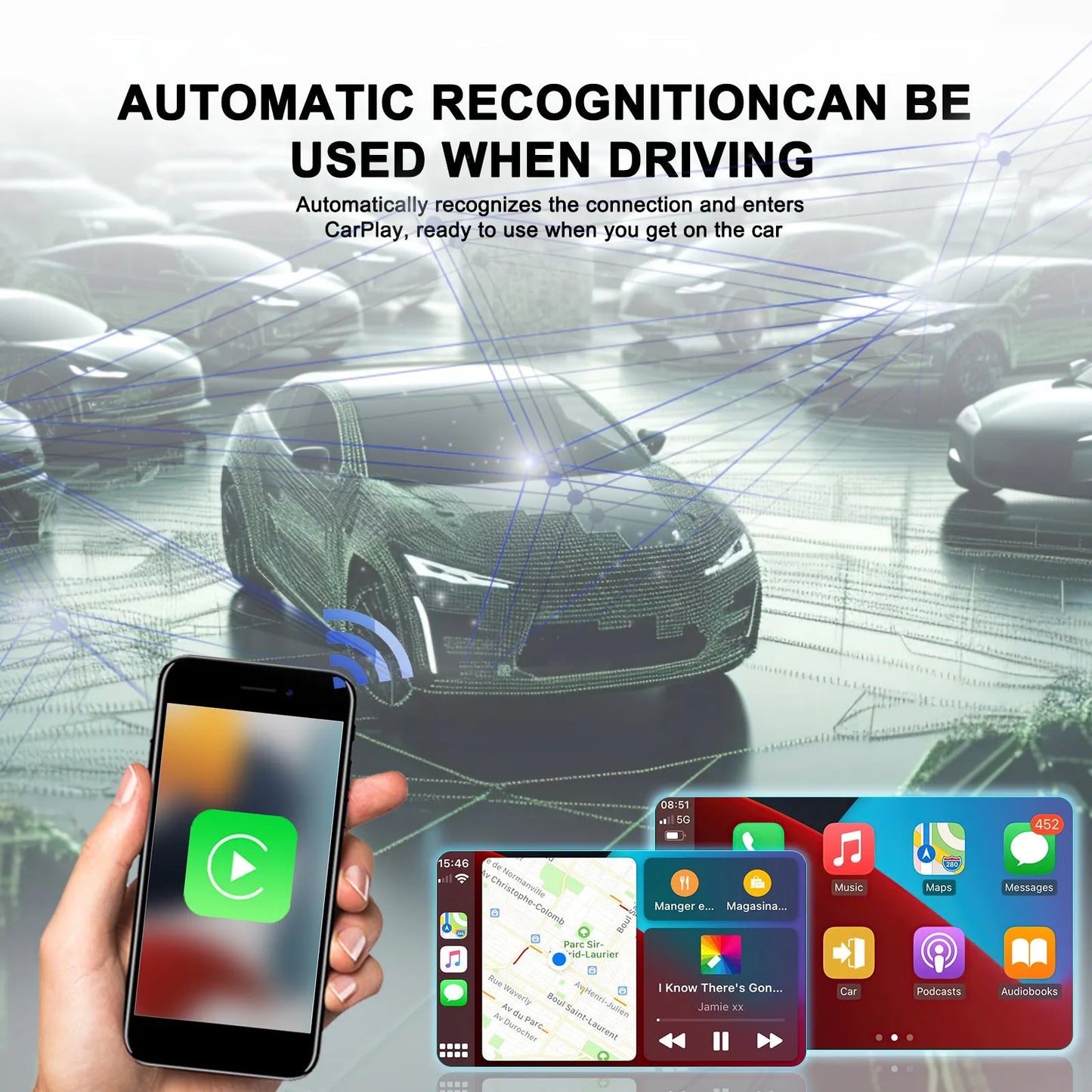 Black universal wireless CarPlay and Android Auto adapter module with connection cables.