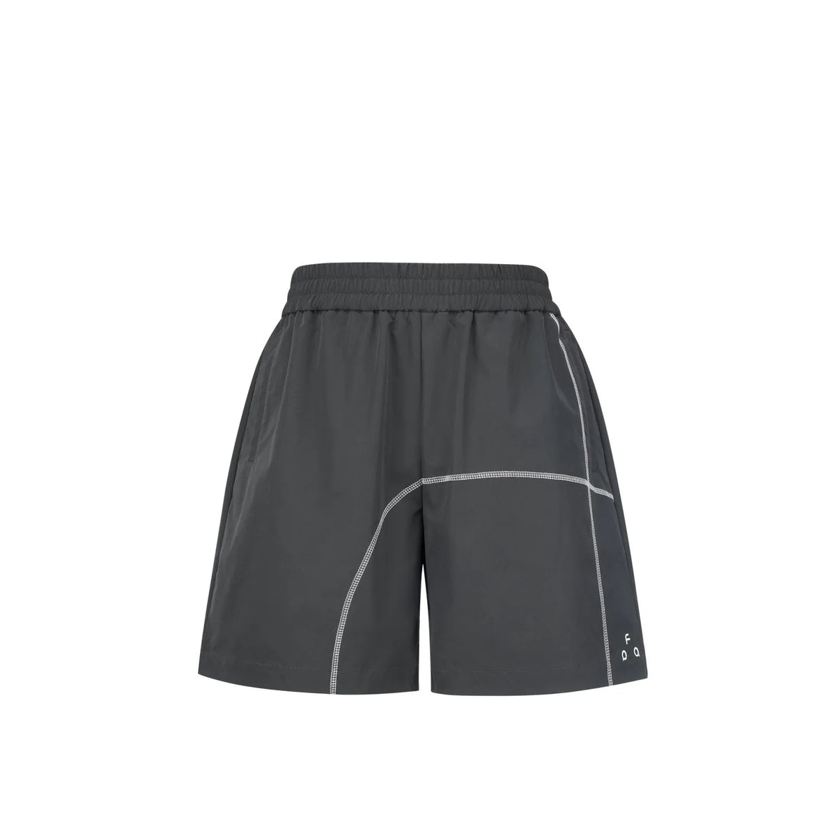 Men's dark grey loose fit drawstring shorts made from high elasticity polyester fabric.