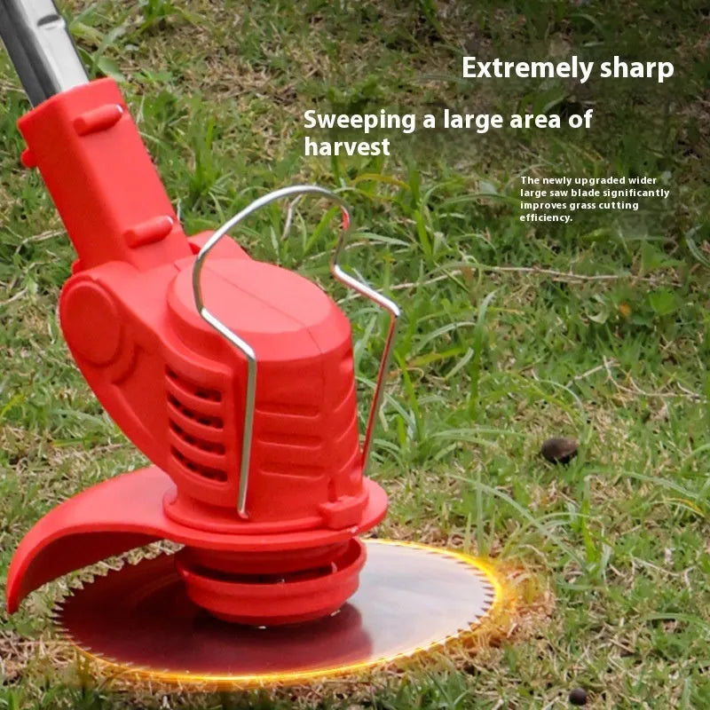 Portable household weeding machine in bare metal finish with long handle.