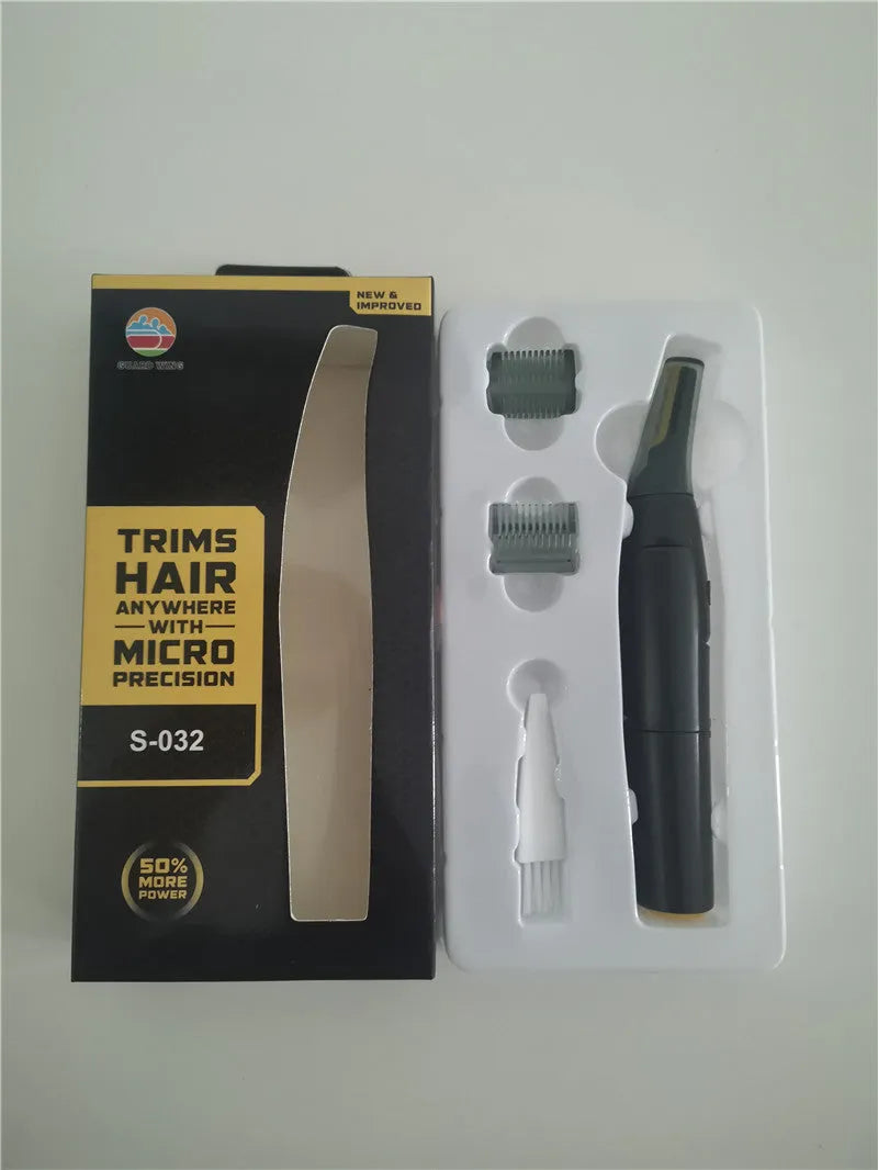 Grey ABS electric hair catcher with floating cutter head for men's eyebrow trimming, dry battery power, color box.