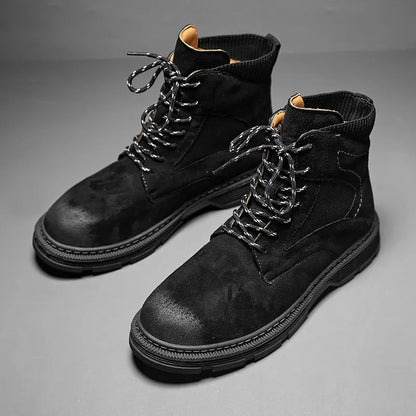 Men's vintage-style Martin boots in black with round toe, low thick heel, and frosted microfiber leather upper.