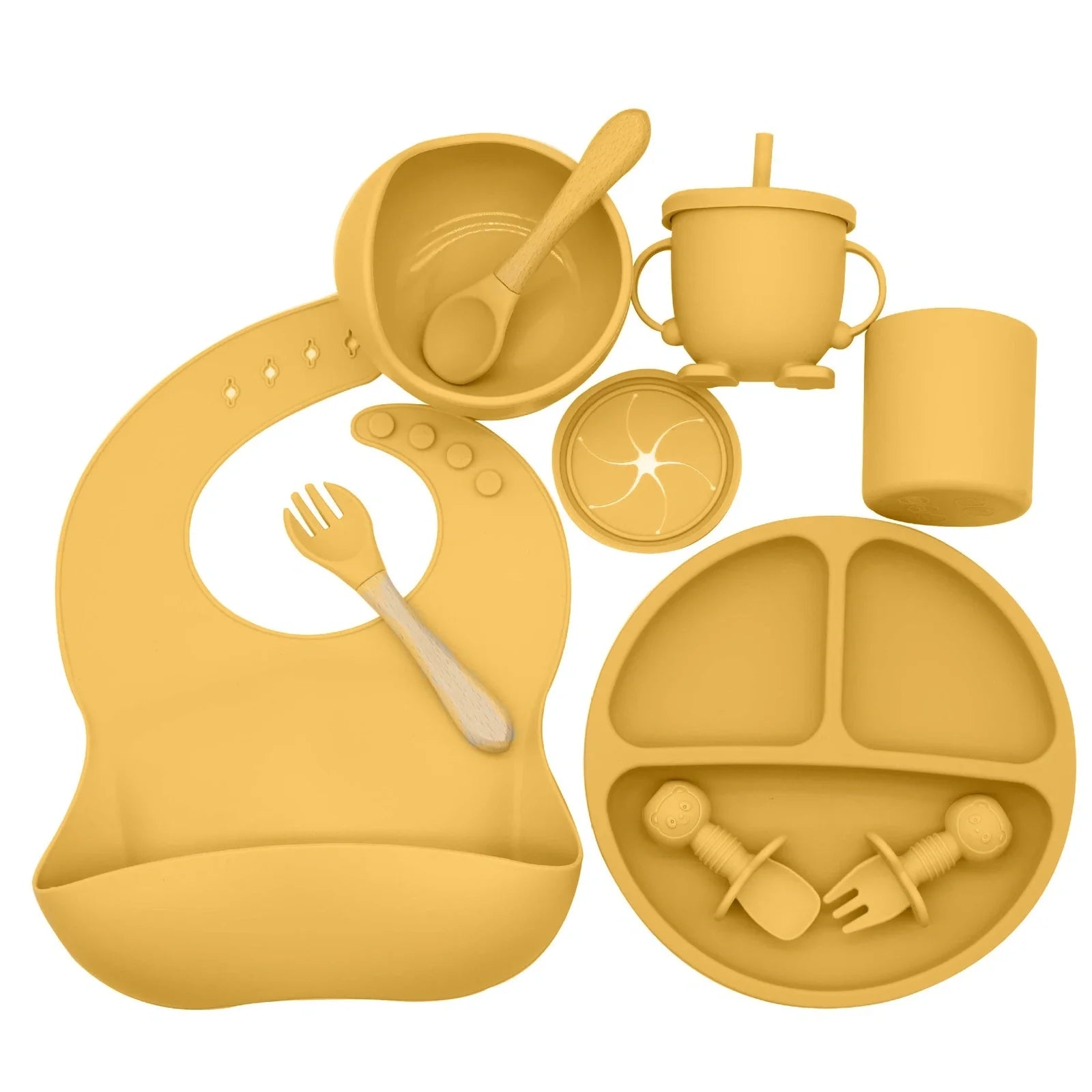 10-piece silicone baby feeding set in dark red, FDA-certified with heat resistance -40°C to +220°C for safe complementary food
