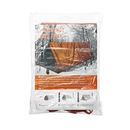 Orange emergency tent with sleeping bag and blanket disaster relief kit on ground